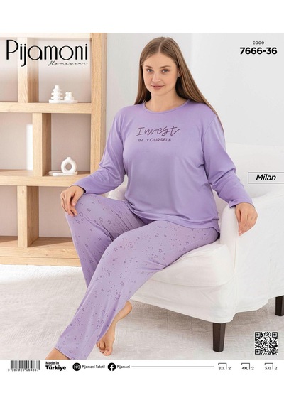 Pijamoni Kadın Milan Büyük Beden Bisiklet Yaka Uzun Kol İnce Pijama Takımı 7666/36 - 1 Adet Lila Pijamoni Kadın Milan Büyük Beden Bisiklet Yaka Uzun Kol İnce Pijama Takımı 7666/36 - 1 Adet Lila
