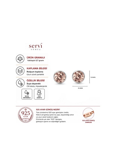 Servi 925 Ayar Gümüş Rose Glow 4 Mm Pembe Zirkon Taşlı Tektaş Küpe -524