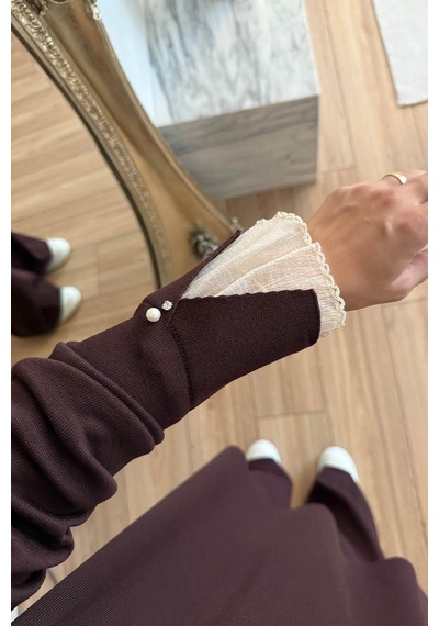 Ka Hijab Kolu Tüllü Merserize Takım - Kahverengi