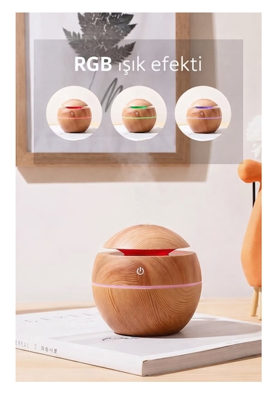 Prime Home Oval 200ml Hava Nemlendirici - 7 Renk Rgb Işıklı Difüzör - Type-c Girişli Aromaterapi Regular Açık Ahşap