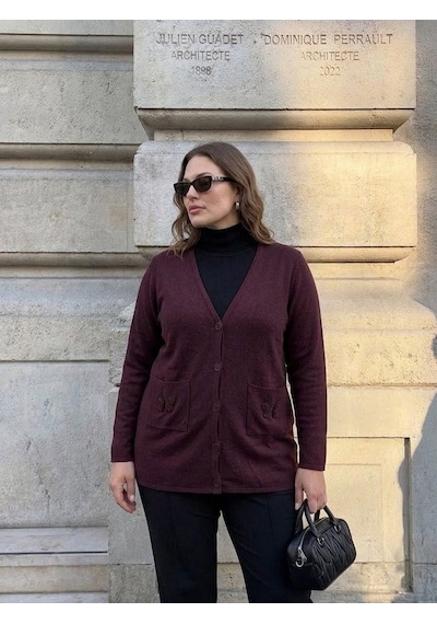 Onno Style Women Cebi Kelebek Taşlı Çelik Örgü Klasik Triko Ceket Bordo