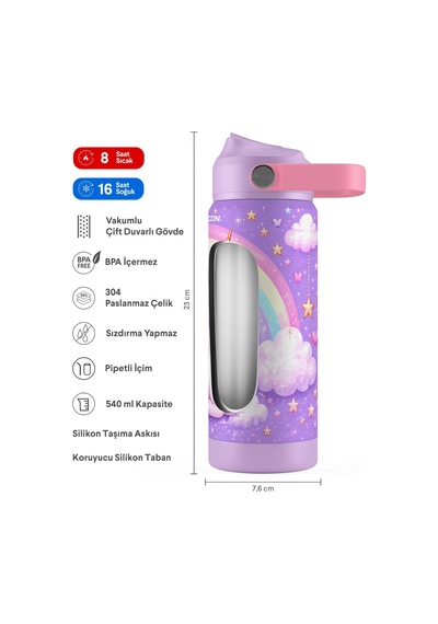 Puccon 540 Ml Unicorn Desenli Lila - Pembe Kız Çocuk Pipetli Çelik Termos Matara/suluk - 60043