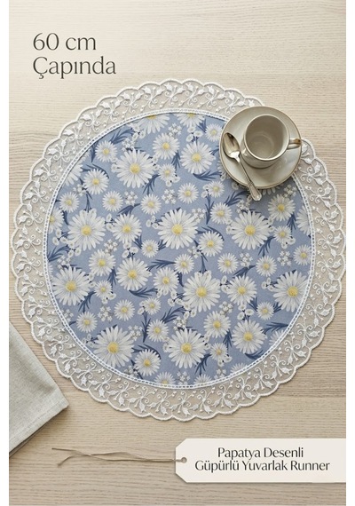 Dekoratif Yuvarlak Runner Papatya Desenli Fransız Güpürlü Masa Ve Konsol Örtüsü 60 Cm Çap Mavi