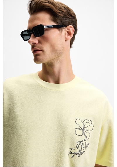 Grımelange OURFLOW Erkek Nakış Detaylı %100 Organik Pamuk Bisiklet Yaka Kısa Kollu Oversize Sarı T-Shirt