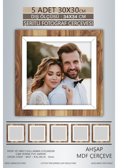 Yhfoto 5 Adet 30x30 Çerçeve Ahşap Beyaz Şeritli Fotoğraf Mdf Çerçeve Kare Çerçeve Kahverengi 30