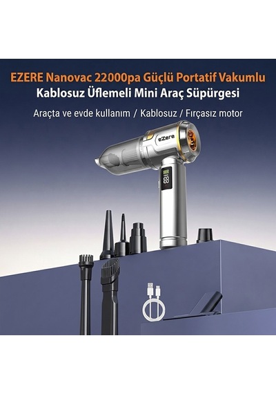 Ezere Nanovac 22000pa Güçlü Portatif Vakumlu Kablosuz Üflemeli Mini Araç Süpürgesi