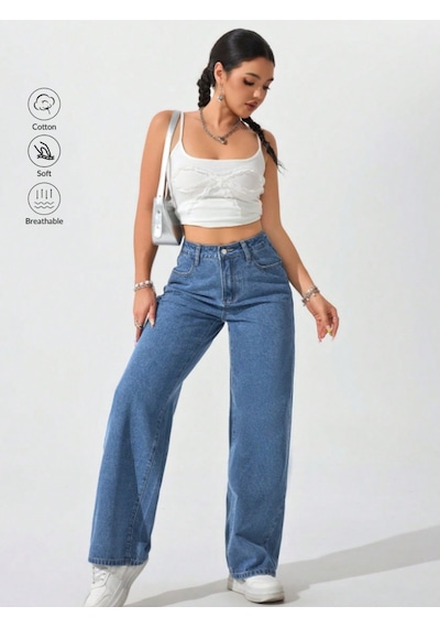 Blue Marlın Kadin Yüksek Bel Mavi Boyfriend Bol Paça Pantolon Lacivert