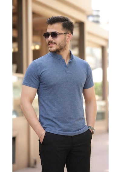Veraura Lifestyle Erkek Hakim Yaka Dokuma Pamuklu Kumaş Kısa Kollu Tişört Indigo