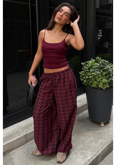 Madmext Bordo Ekose Desenli Yüksek Bel Balon Fit Kadın Pantolon Mg2726