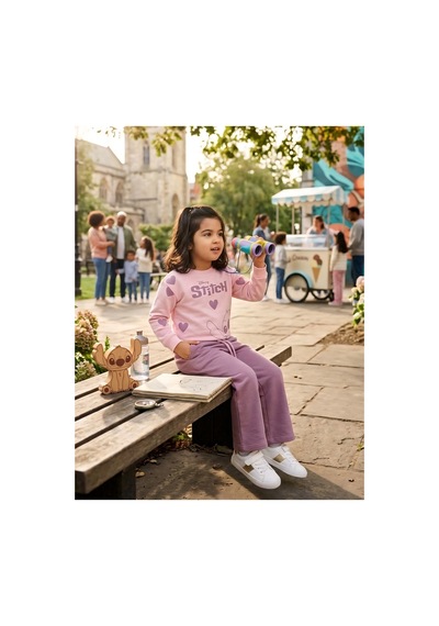 Uğur Bebe Kız Çocuk Eşofman Takımı Stitch Desenli %100 Pamuk Pembe Pudra Renk Geniş Paça 2 Li Spor Takım Şık Kombin Pembe Pudra Pembe Pudra