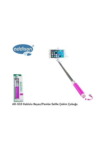 Selfie Çubuğu Kablolu Addison Ad-s33 Pembe Çok Renkli