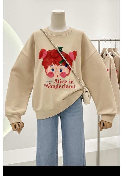 Benroma 3 İplik Penye Alice İn Wonderland Baskılı Unisex Sweatshırt Çok Renkli