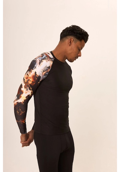 Hnc Sport Duman Erkek Uzun Kol Tek Kol Dijital Baskılı Compression Fitness Gym Spor Body Tshirt Siyah