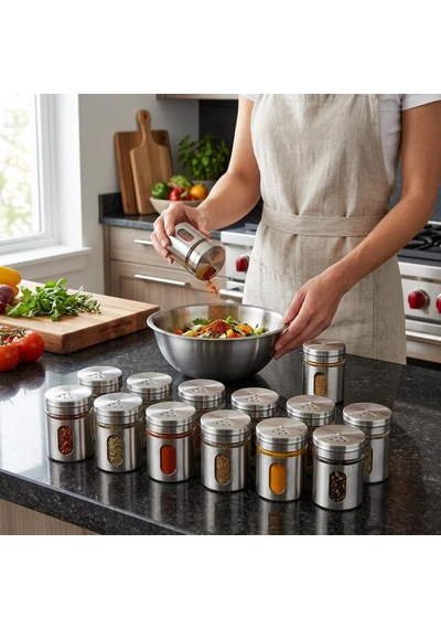 Deconox 12'li Metal Kaplı Cam Baharatlık Seti 60 Ml - Döner Başlıklı Paslanmaz Çelik Baharat Takımı Diğer