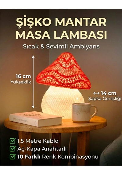 Sincara Home Şişko Mantar Masa Lambası / Siyah Gövde / 5 Renk Siyah Gövde / Kırmızı Şapka