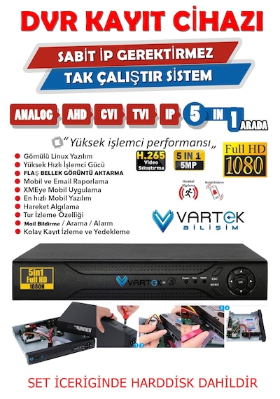 6 Kameralı Full HD Güvenlik Kamera Seti 320GB HDD 5MP Gece (Renkli) Görüşlü - Sabit IP Gerektirmez