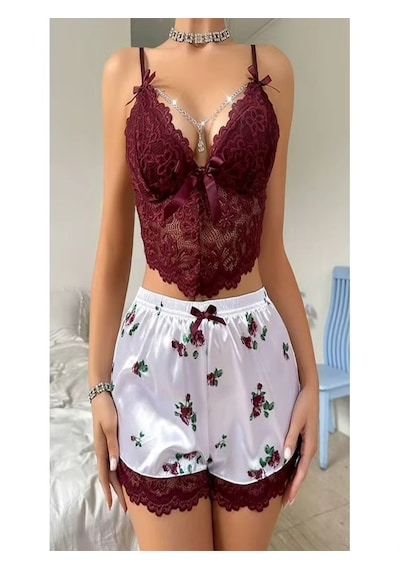 Ece's Design Dantelli 2 Li Şortlu Pijama Takımı Rahat & Şık Home Wear W2004 Bordo