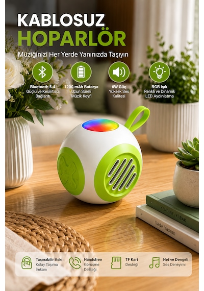 Rgb Işıklı Taşınabilir Bluetooth Hoparlör 6w Güçlü Ses, 1200 Mah Batarya, Bluetooth 5.4, Tf Kart Destekli Mini Kablosuz Hoparlör