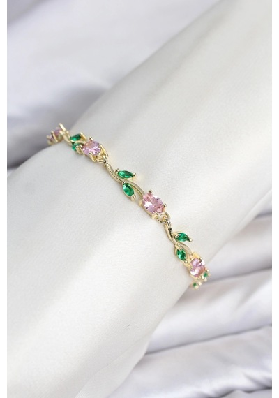 Mey İthalat Pirinç Gold Renk Pembe Zirkon Taşlı Çiçek Model Kadın Bileklik Çok Renkli 53292506