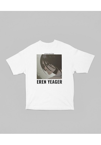Attack On Titan Eren Yeager Baskılı Unisex Oversize Anime Dizi Ka Beyaz