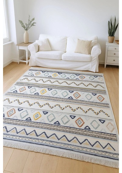 İskandinav Motifli Renkli Baklava Desen Tasarım Modern Halı Dekoratif Kilim Krem
