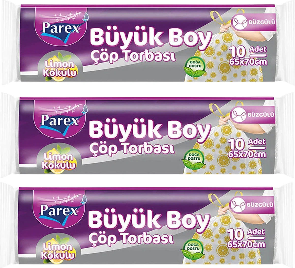 Premium 10'lu Büzgülü Çöp Torbası Limon Kokulu Büyük Boy 65 X 70 Cm Üçlü Paket