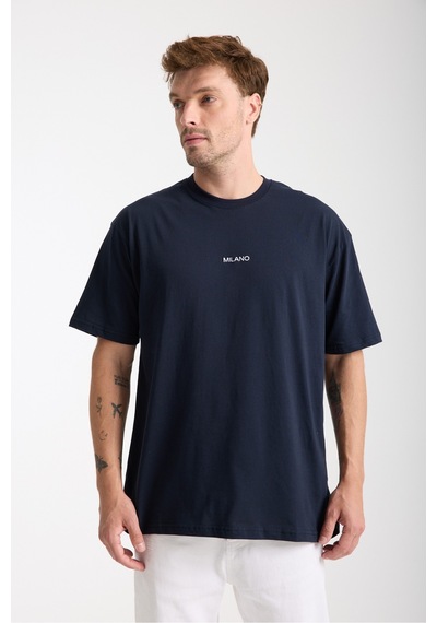 Erkek Milano Nakış Yazılı Oversize Bisiklet Yaka T-shirt Lacivert