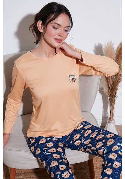 Lela Streç Regular Fit Beli Lastikli Bisiklet Yaka Bayan Pijama Takımı 65714101 Şeftali