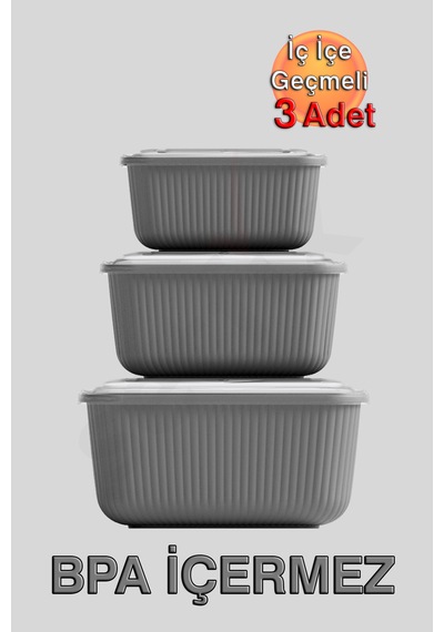 İç İçe Geçmeli Snaplid Dikdörtgen Saklama Kabı 600 - 1100 - 1800 Ml Üçlü Set Antrasit