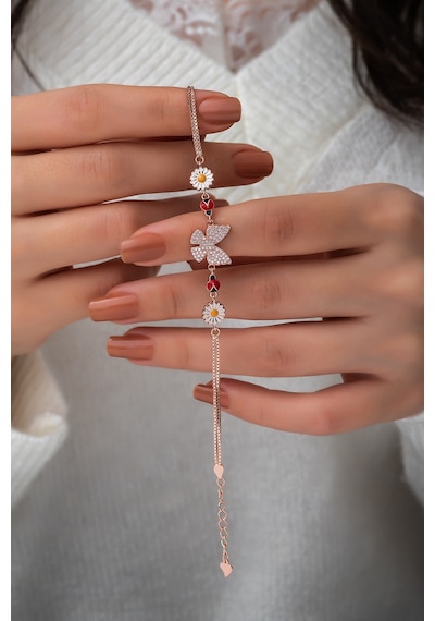 Papatya Silver Kelebek Papatya Uğur Böceği Renkli Mineli Rose Gold Kaplama 925 Ayar Gümüş Bileklik - UVPS200155