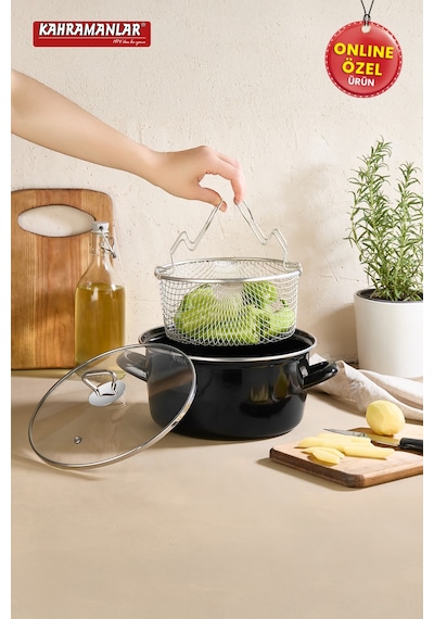 Kahramanlar Cips Chef 22 Cm Emaye Kızartma Tenceresi Siyah