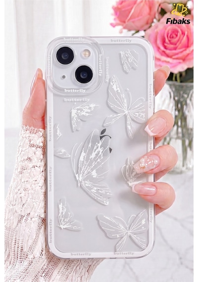 Fibaks iPhone 14 Plus/15 Plus Uyumlu Kılıf Şeffaf Kelebek Tasarımlı Desenli Kamera Korumalı Yumuşak Silikon