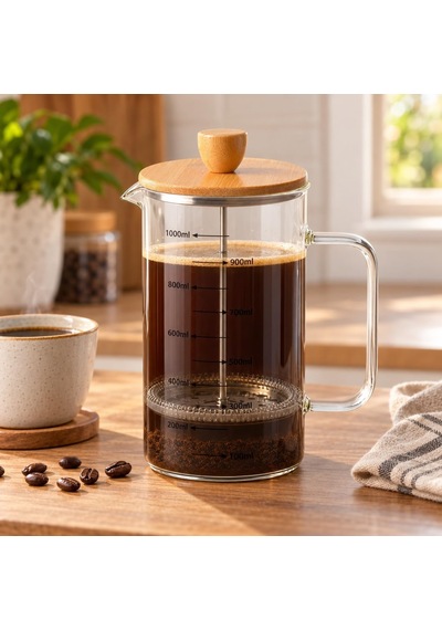 Bambu Kapaklı French Press, 1000 Ml Ölçülü Borosilikat Cam Filtre Kahve Ve Bitki Çayı Demliği, Cam Kulplu Diğer