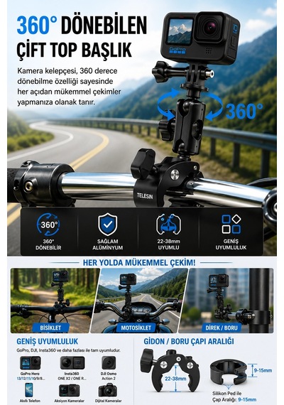 Motosiklet Bisiklet Gidon Kamera Montaj Metal Kelepçesi 360 Döner Metal Tutucu Altın