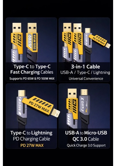 Platoon Pl-8916 Pd 27w Max Hızlı Şarj Kablosu Usb-a Type-c / Lightning 65w Örgülü