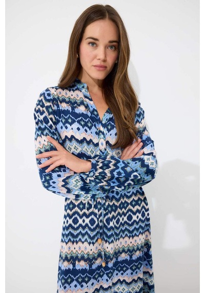 DeFacto Regular Fit Desenli Bisiklet Yaka Uzun Kollu Midi Elbise D5447AX25SPIN59