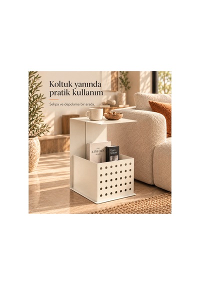 Frame Metal Yan Sehpa Modern Tasarım Depolama Hazneli Yan Sehpa Krem - 935176377 Krem