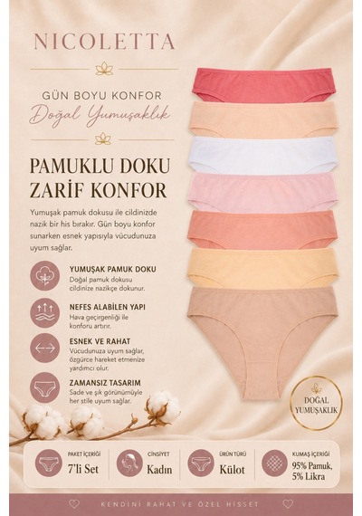 Nicoletta Kadın Külot 7 Li Paket Likralı Pamuklu Vanilya