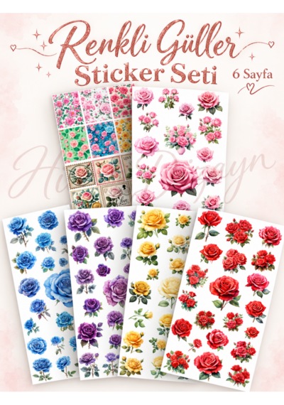 Hiras Dizayn Renkli Güller Sticker Seti 6 Sayfa Çok Renkli