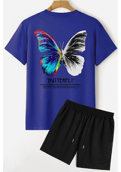 Uyguntarz Butterfly Sırt Baskılı Şort T-shirt Eşofman Takımı Mavi