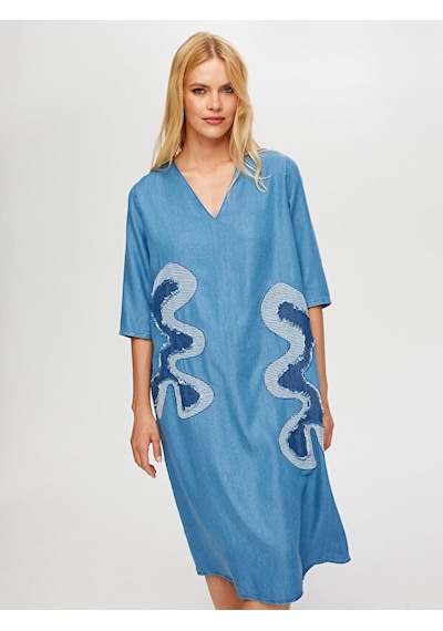 Faik Sönmez Soyut Aplike Detaylı V Yaka Tenselli Jean Elbise S25jel001 Us25jel00127 Indigo