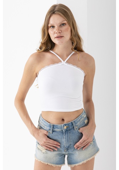 Giysa Kadın Çapraz Askılı Dantel Detaylı Crop Body Beyaz - Ms0000309 Beyaz