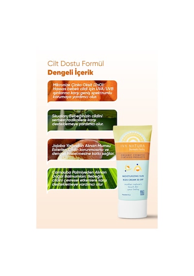 İva Natura Organik Mineral Filtreli 30 SPF Çocuk Güneş Kremi Çinko Oksit İçerikli – Hassas Ciltler İçin – 75 ML