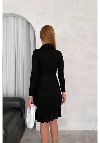 Dip Moda Kadın Triko Düğme Detaylı Pileli Mini Elbise Dpnbk2166 Siyah Dip Moda Kadın Triko Düğme Detaylı Pileli Mini Elbise Dpnbk2166 Siyah