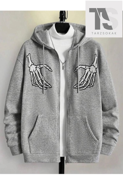 Startmore Oversize Unisex Gri İskelet Baskılı Gri