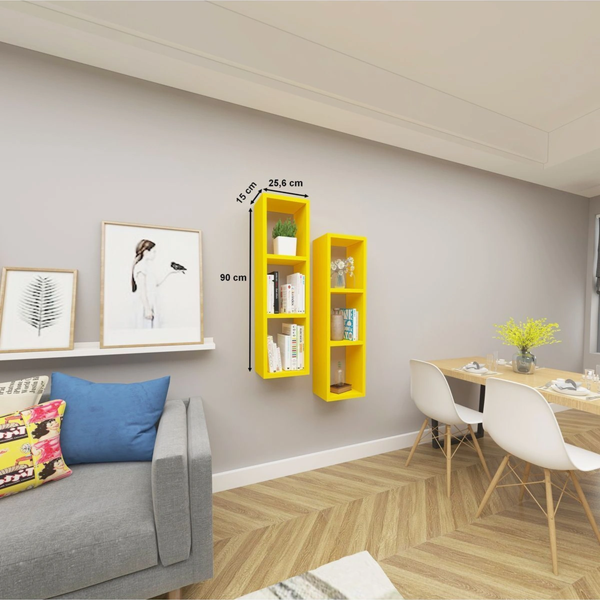 Kitaplık Salon Duvar Rafı Çapraz Ikili Mobilya Takım Sarı Sarı