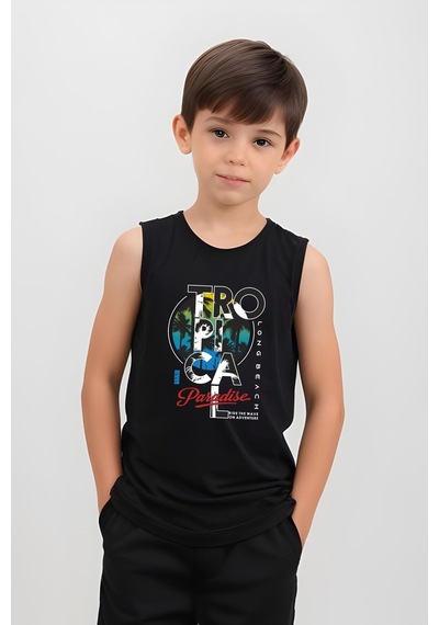 Fyk Kids Erkek Çocuk Tropical Baskılı Alt-üst Takım Siyah