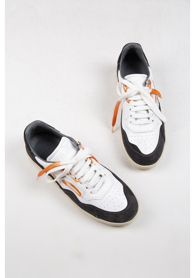 Krahe Artemis Erkek Hakiki Deri Eskitme El Boyamalı Bağcık Ve Iki Yedek Bağcıklı Beyaz-Gri Sneakers 001