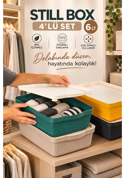 Porsima 4517 Mix Still Box 4'lü Kapaklı Saklama Kabı Seti 6 Lt Mutfak, Buzdolabı & Dolap İçi Düzenleyici Kutu Çok Renkli