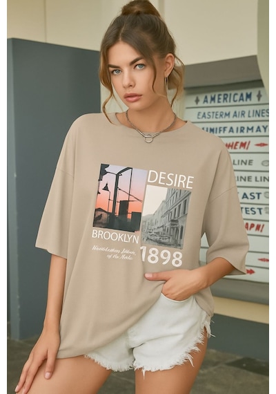 Brooklyn Baskılı Unisex Tişört Bej